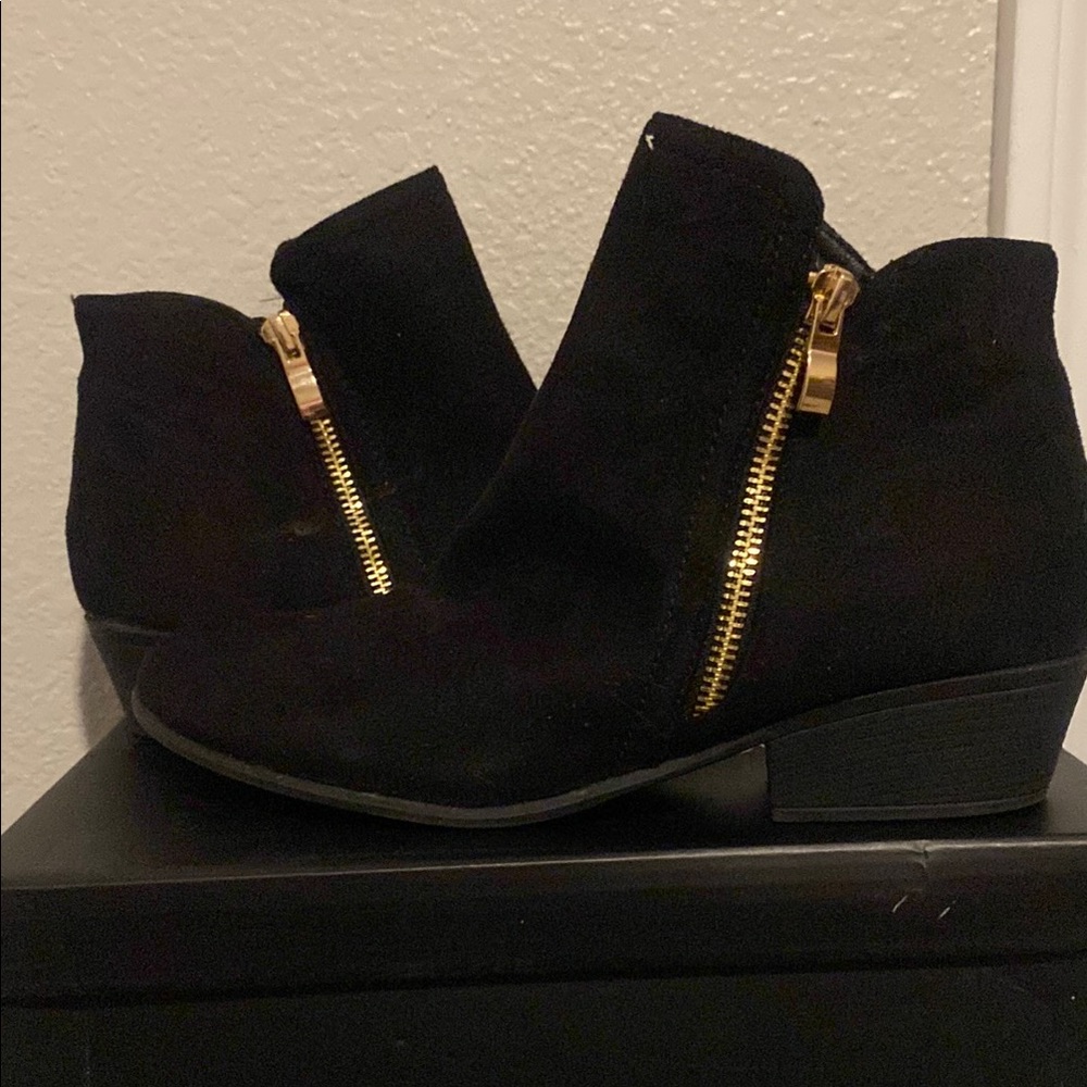Fashion Nova Black and Gold Ankle Booties with Slip-On Design